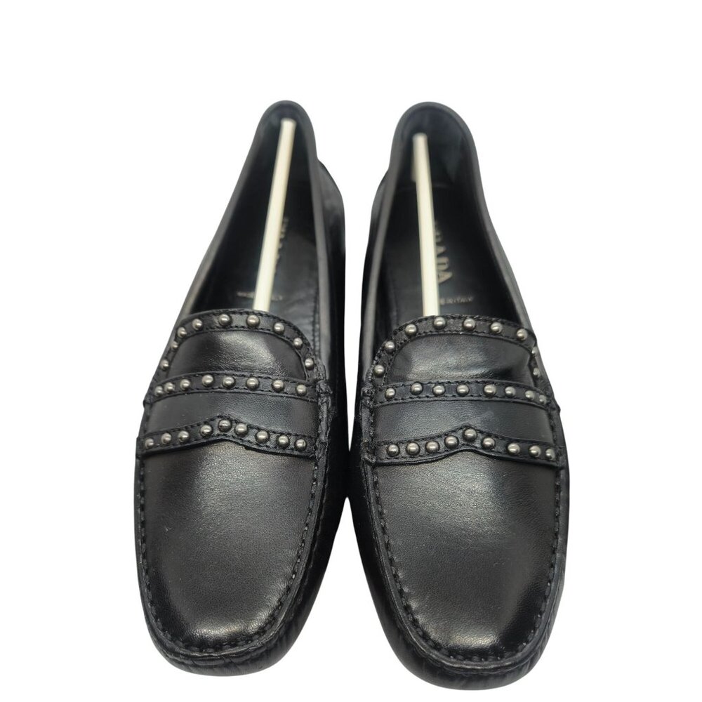 Prada Black Leather Studded Loafers Size 38.5 In Original Box